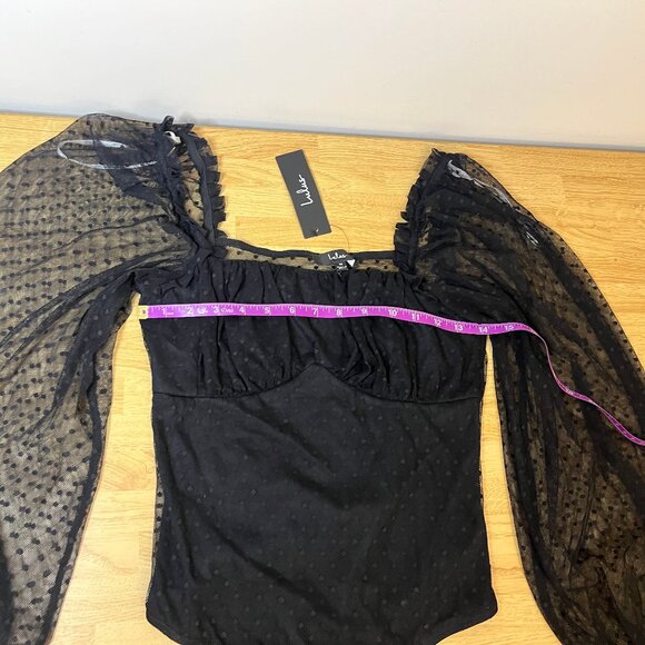 NWT Lulus Call The Dots Black Dotted Mesh Long Sleeve Bodysuit - Size M - Picture 4 of 4